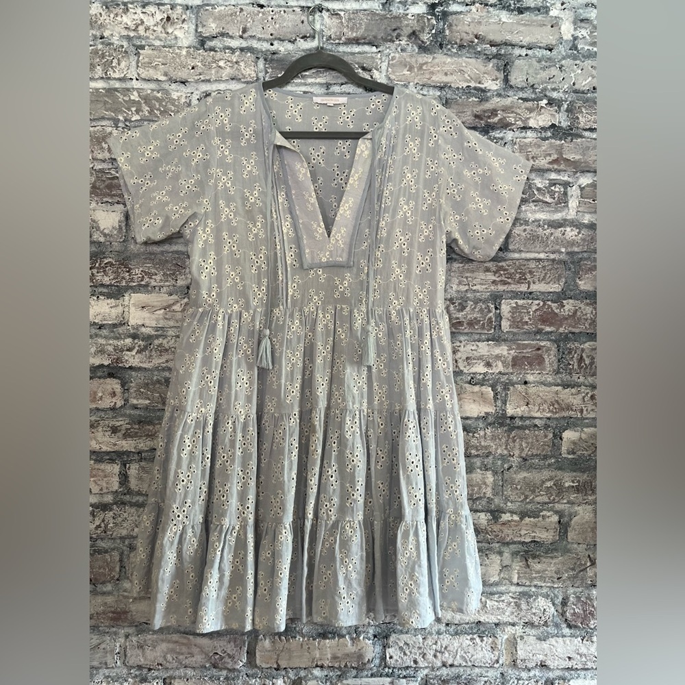 Olivaceous baby blue Plunge Neck embroidered eyelet ruffled tiered flowySundress